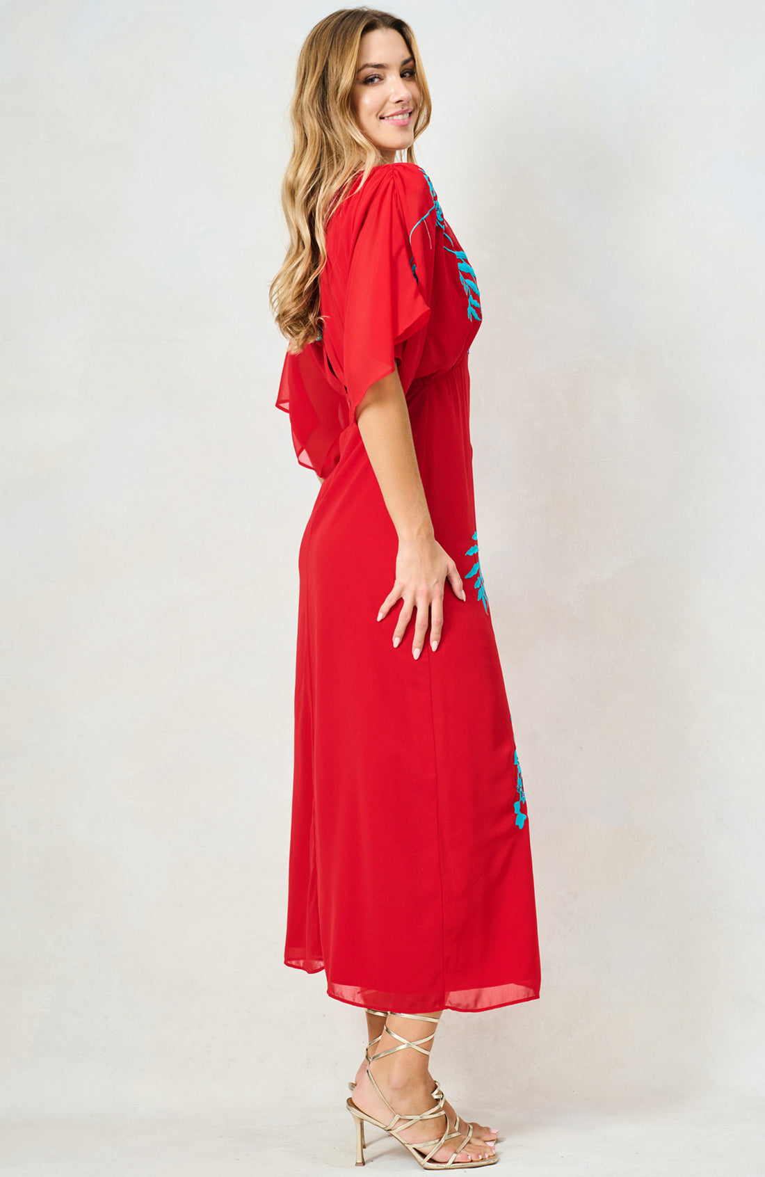 Hope and Ivy Inara Red Dress with Blue Embroidered Flowers