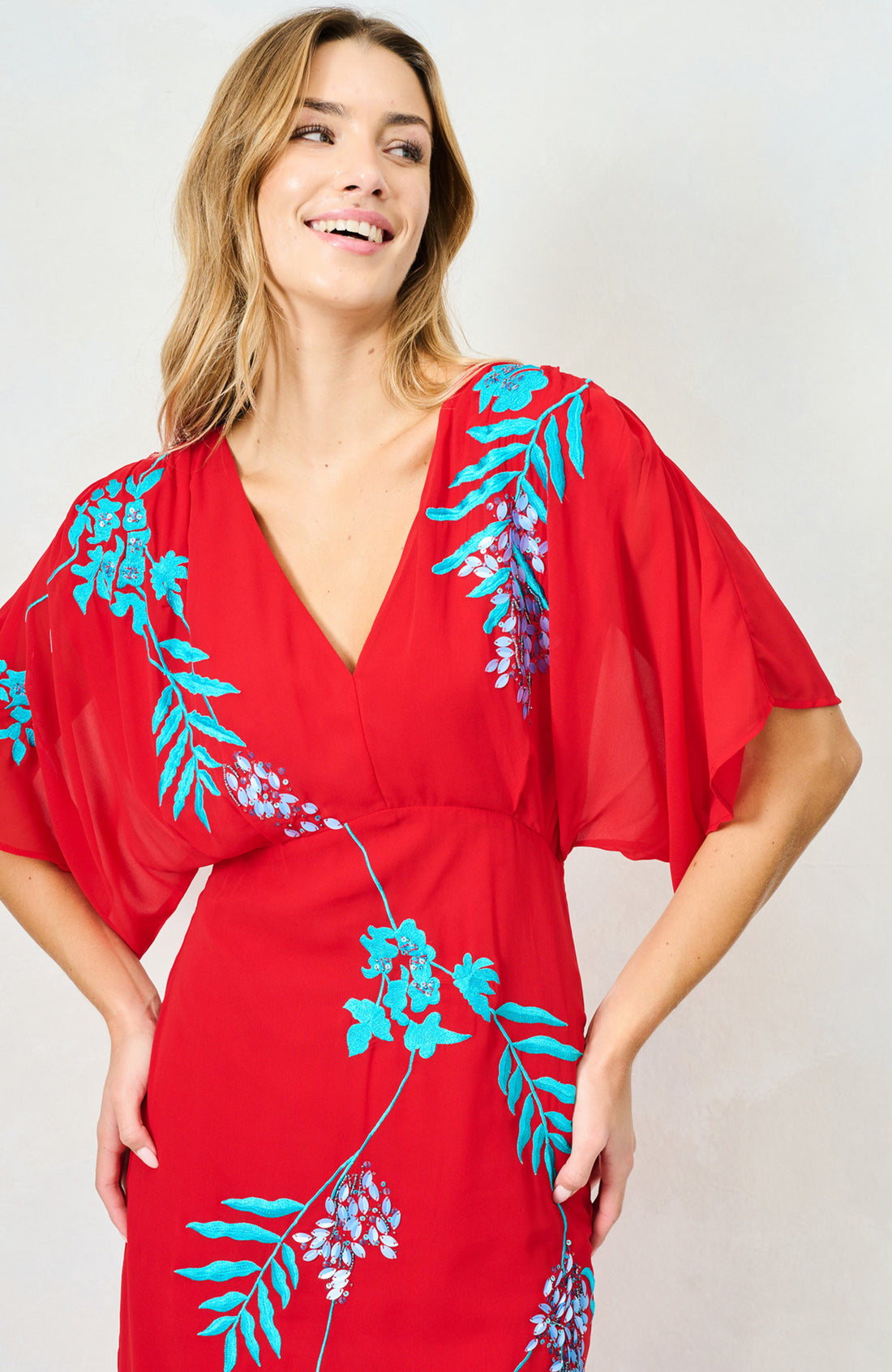 Hope and Ivy Inara Red Dress with Blue Embroidered Flowers