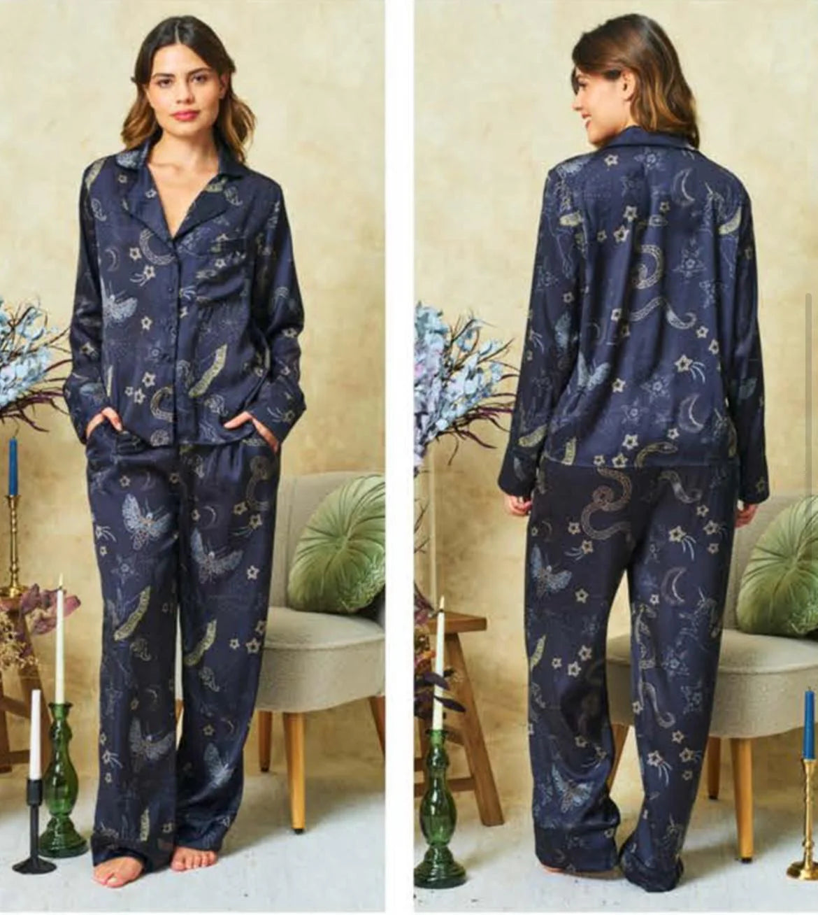 Satin pyjamas in dark blue with butterflies, snakes, moon and stars on them