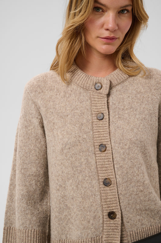 Soaked in Luxury Idalia Cardigan in Walnut Melange wool blend with button fastening and three-quarter length sleeves
