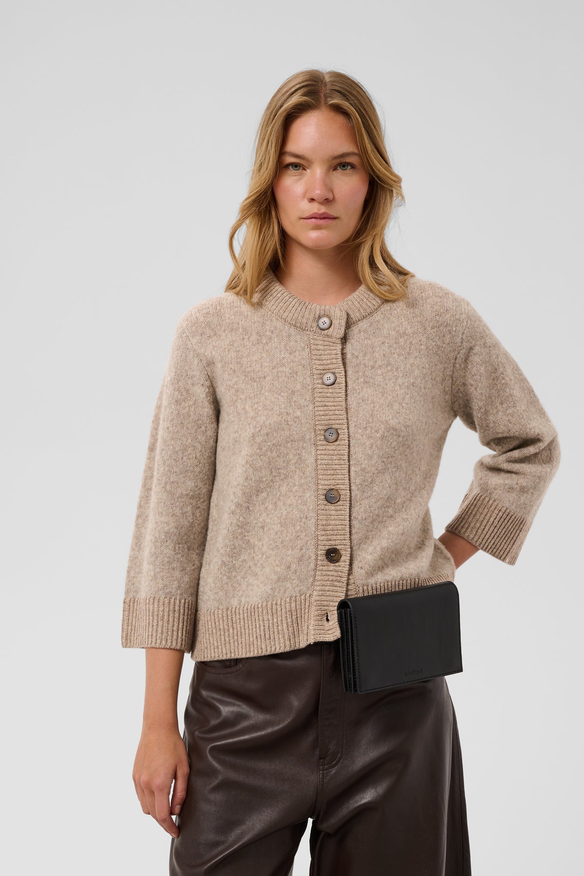 Soaked in Luxury Idalia Cardigan in Walnut Melange wool blend with button fastening and three-quarter length sleeves
