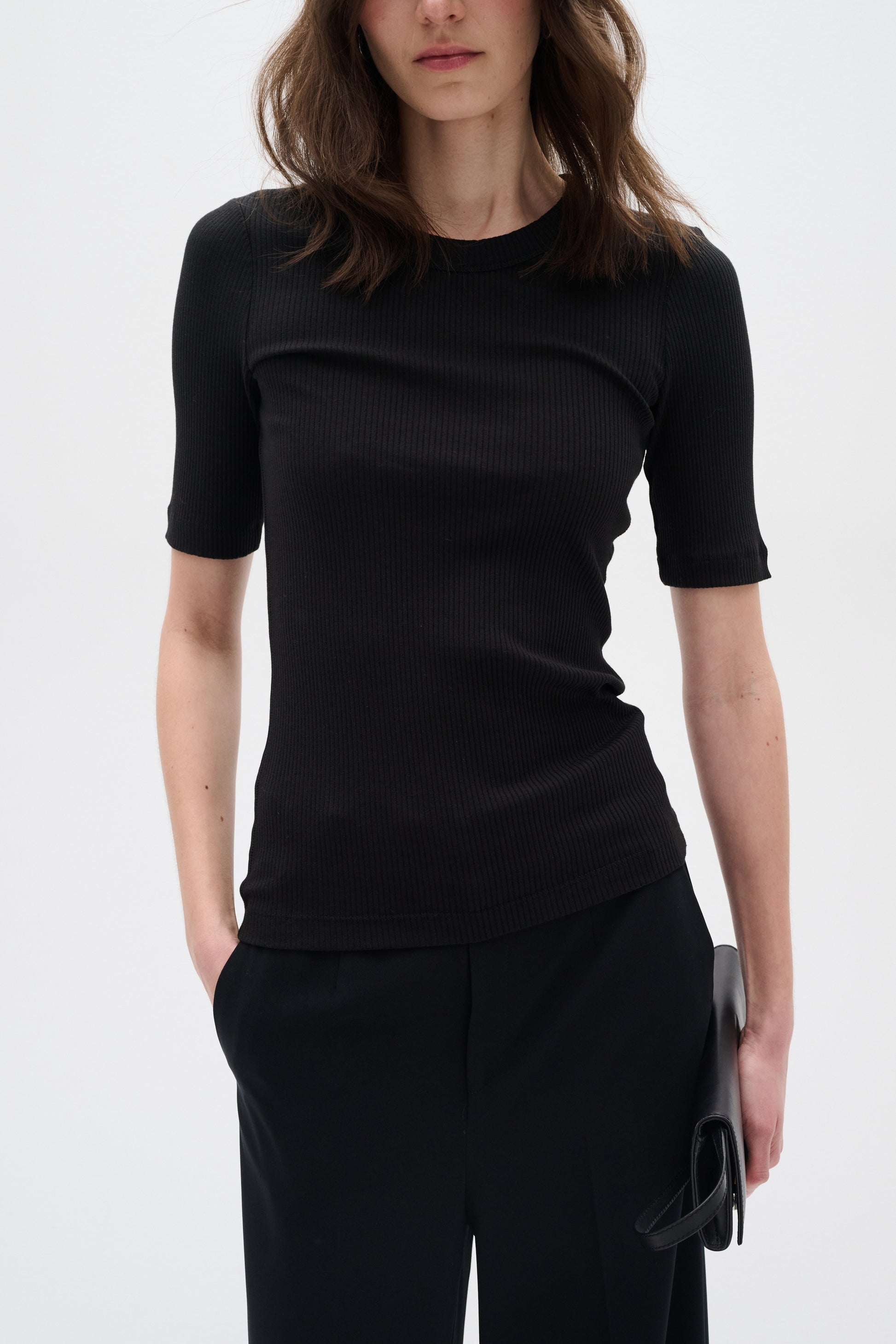 InWear Dagna Ribbed T-shirt in black.  Elbow length sleeves and crew neck