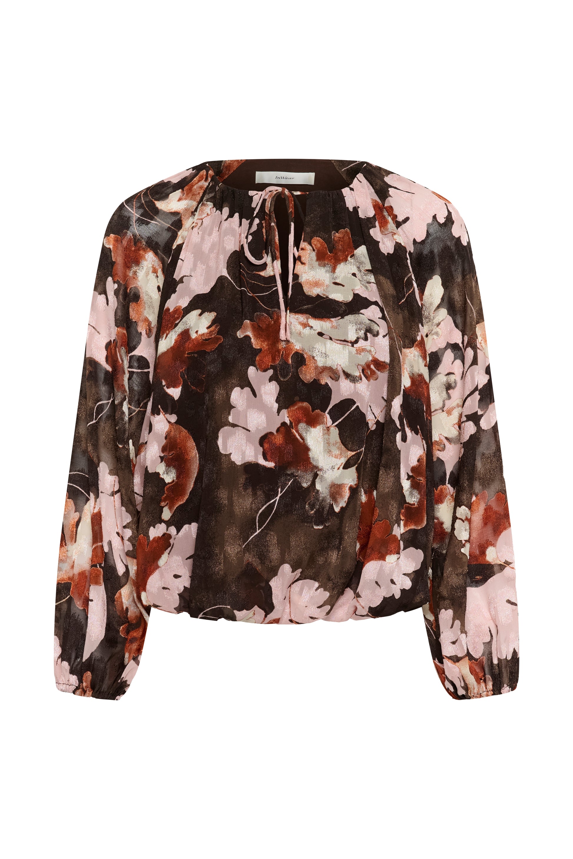 Inwear blouse in brown with pink big leaf pattern