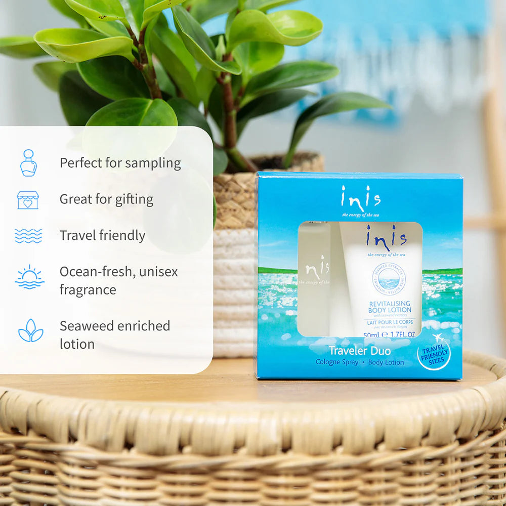 Inis Traveler Duo gift set with travel-sized Cologne Spray and Revitalising Body Lotion.