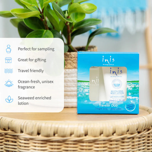 Inis Traveler Duo gift set with travel-sized Cologne Spray and Revitalising Body Lotion.