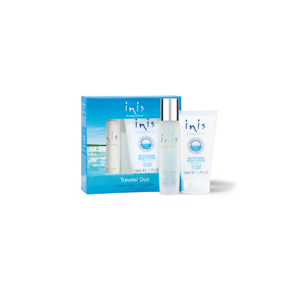 Inis Traveler Duo gift set with travel-sized Cologne Spray and Revitalising Body Lotion.
