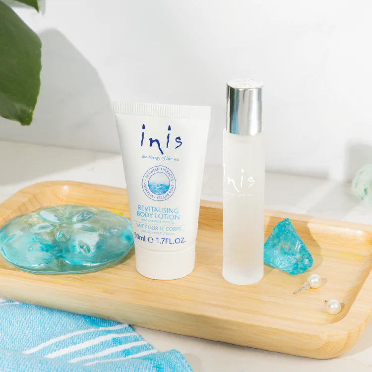 Inis Traveler Duo gift set with travel-sized Cologne Spray and Revitalising Body Lotion.