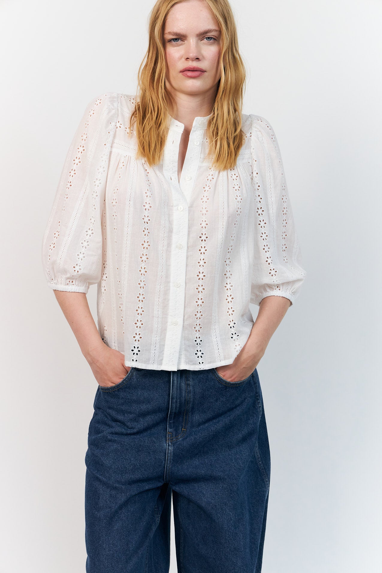 Lollys Laundry June shirt in white broderie anglaise with 3/4 length sleeves
