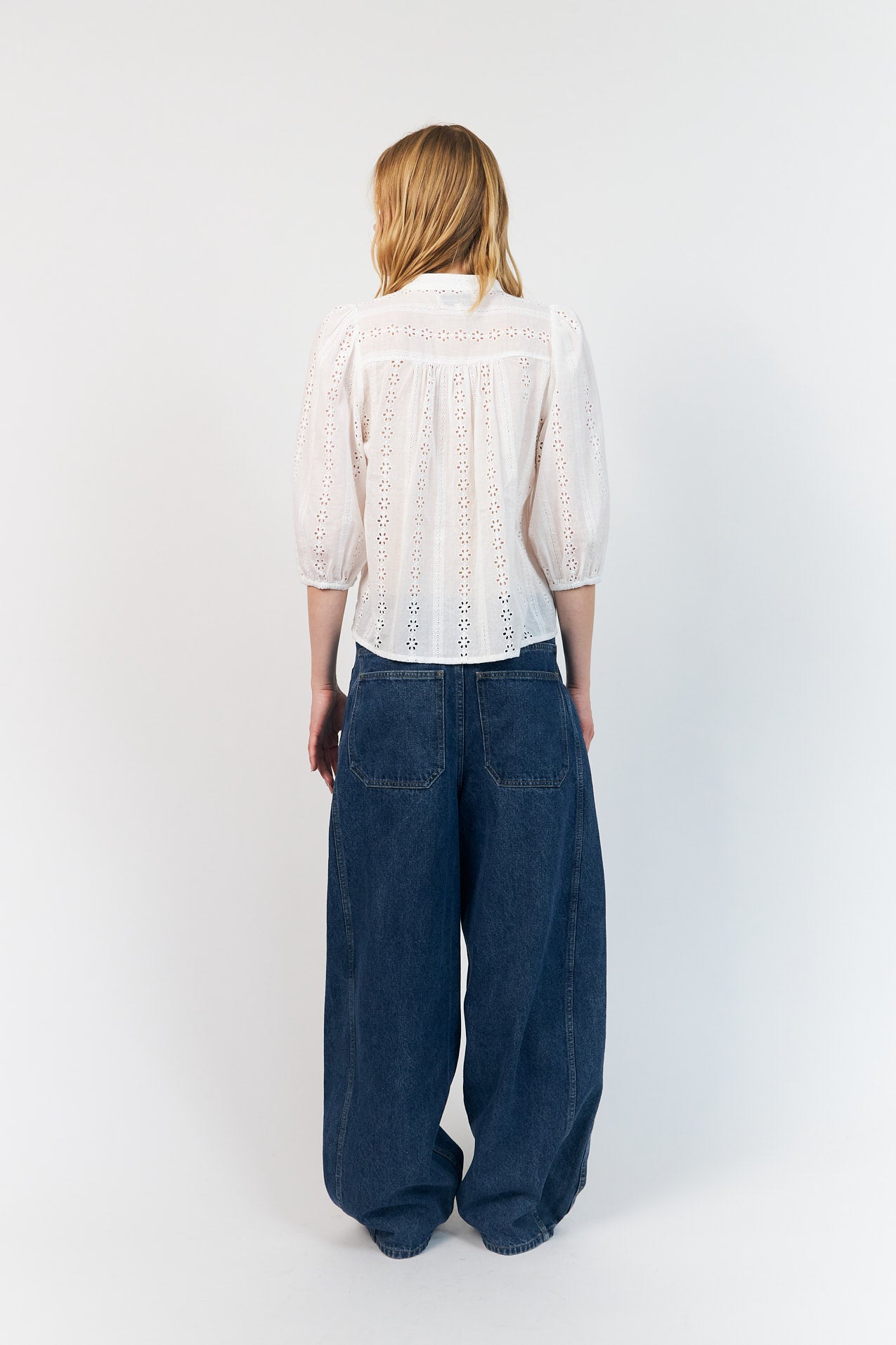 Lollys Laundry June shirt in white broderie anglaise with 3/4 length sleeves
