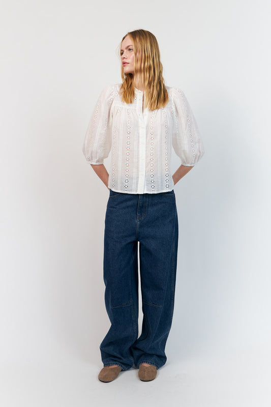 Lollys Laundry June shirt in white broderie anglaise with 3/4 length sleeves