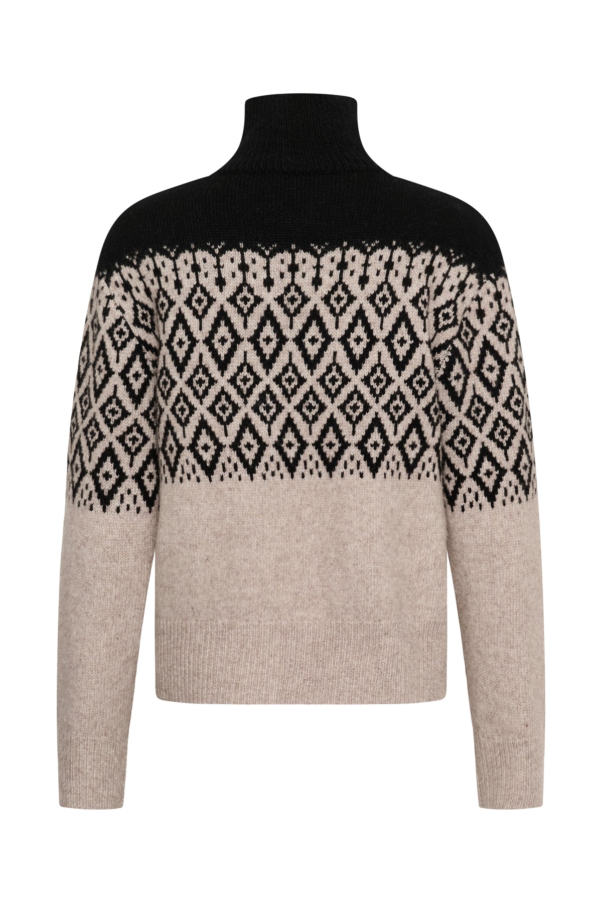 Soaked in Luxury Kaegan Pullover in Black and Pistachio with Nordic-inspired geometric pattern and roll neck