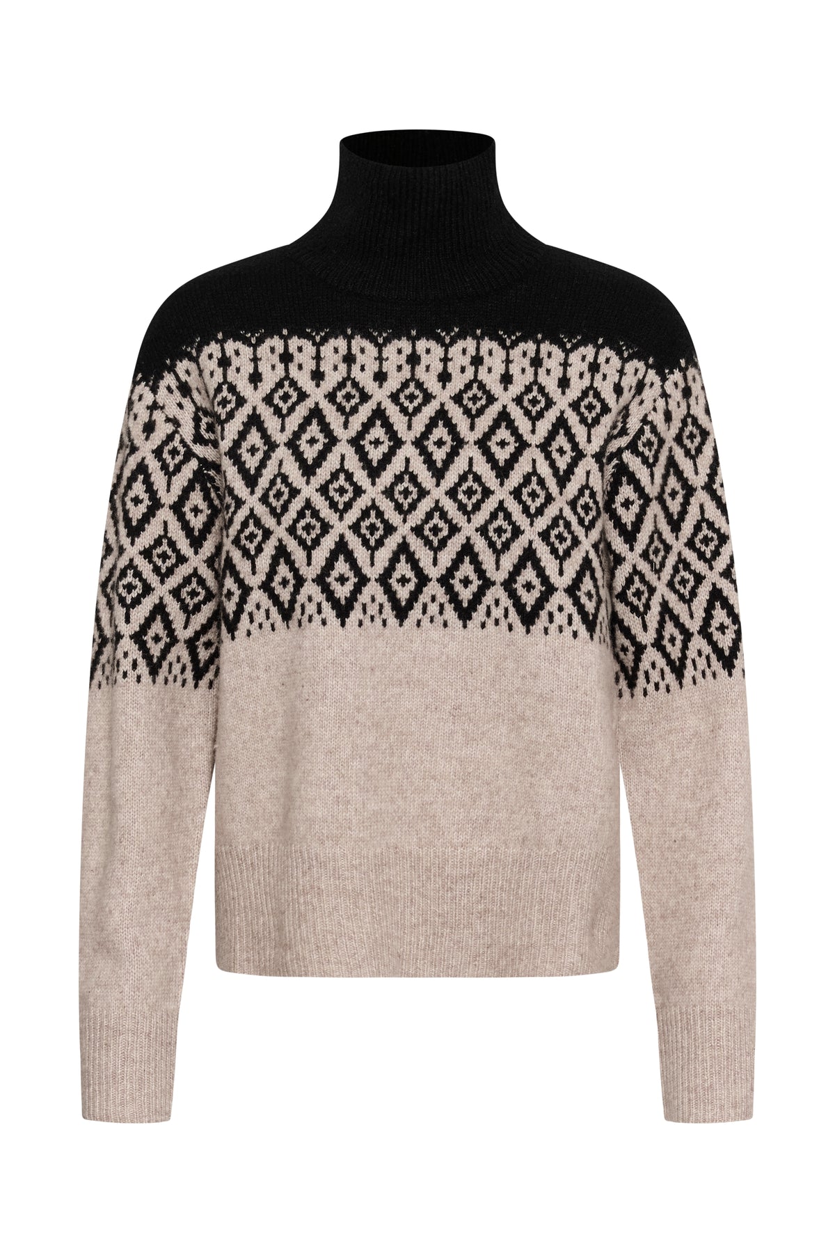 Soaked in Luxury Kaegan Pullover in Black and Pistachio with Nordic-inspired geometric pattern and roll neck