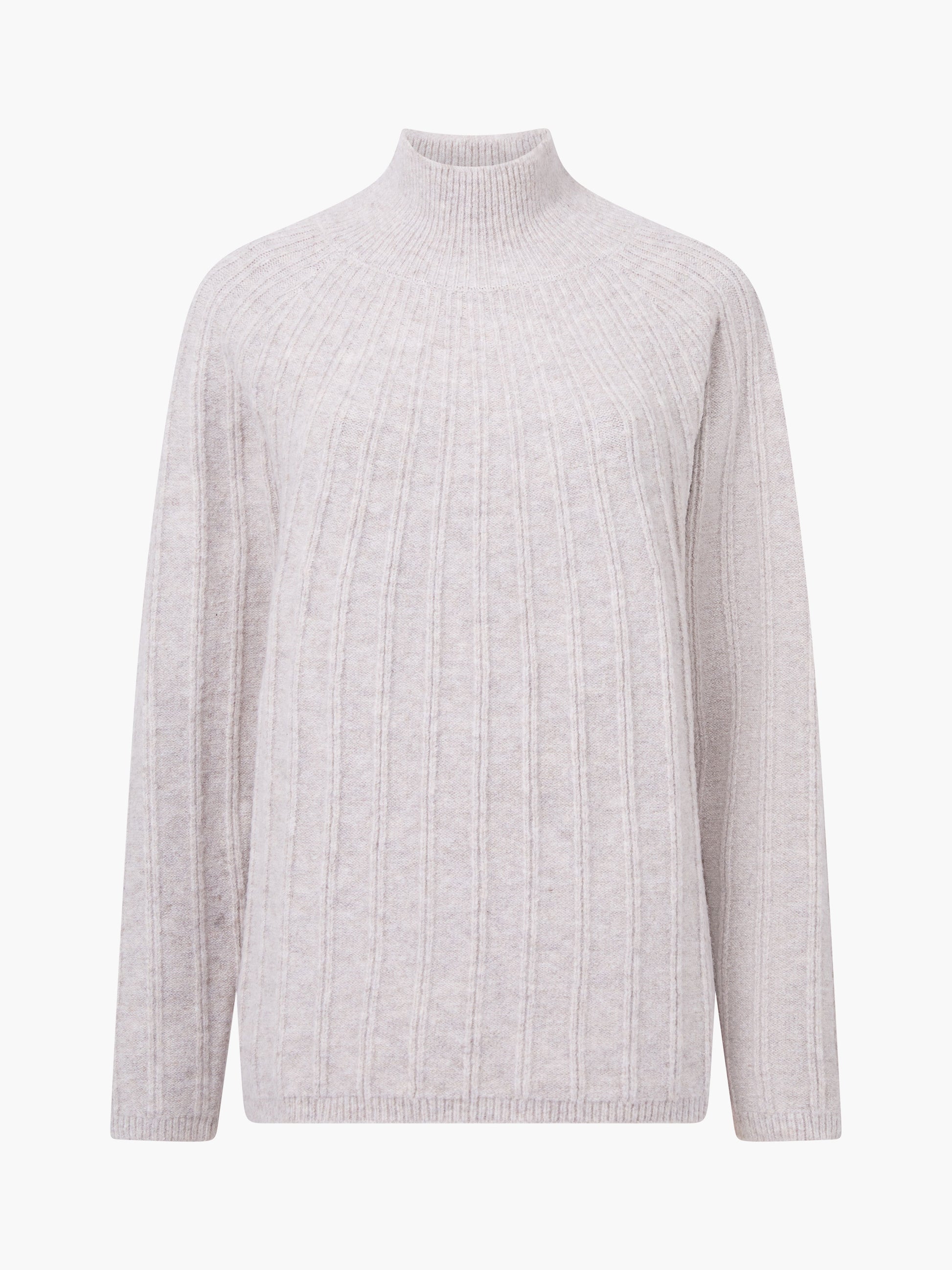 A ribbed light colour jumper with a mock neck.  Long sleeves