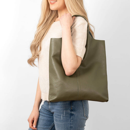 Italian Leather Khaki Green Pebbled Tote Bag - Default Title