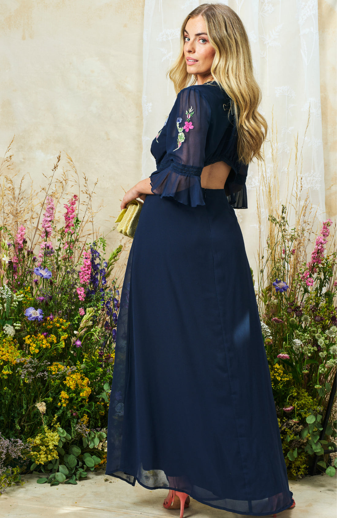 Hope & Ivy Kyra Embroidered Maxi Dress navy open back