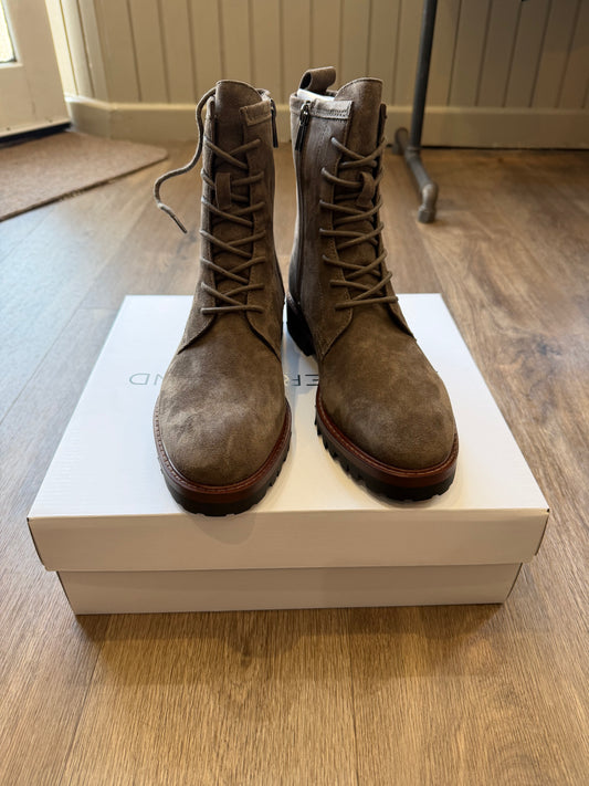 Another Trend English Brown suede-look lace-up ankle boots with side zip and chunky black cleated sole.