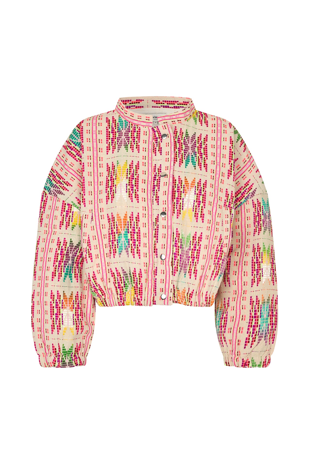 A colourful woven Lollys laundry  jacket designed to brighten any wardrobe. Featuring an artistic pattern, snap-button fastening and comfortable elasticated details