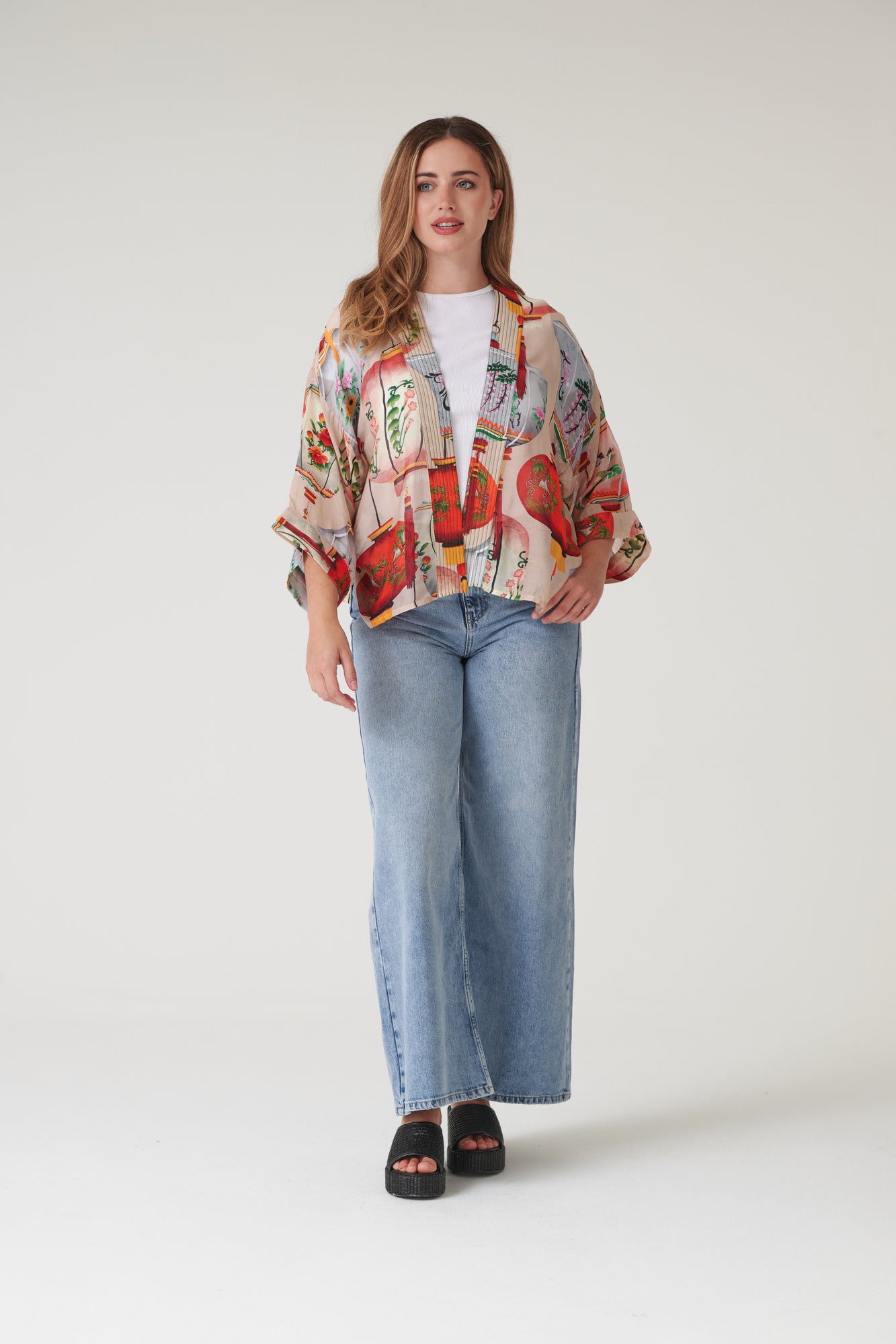 One Hundred Stars Lanterns Red Kimono lightweight printed kimono jacket