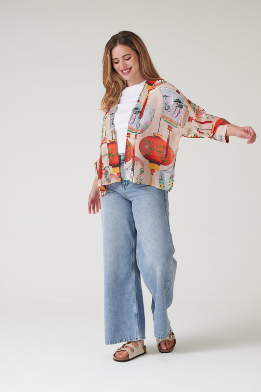 One Hundred Stars Lanterns Red Kimono lightweight printed kimono jacket