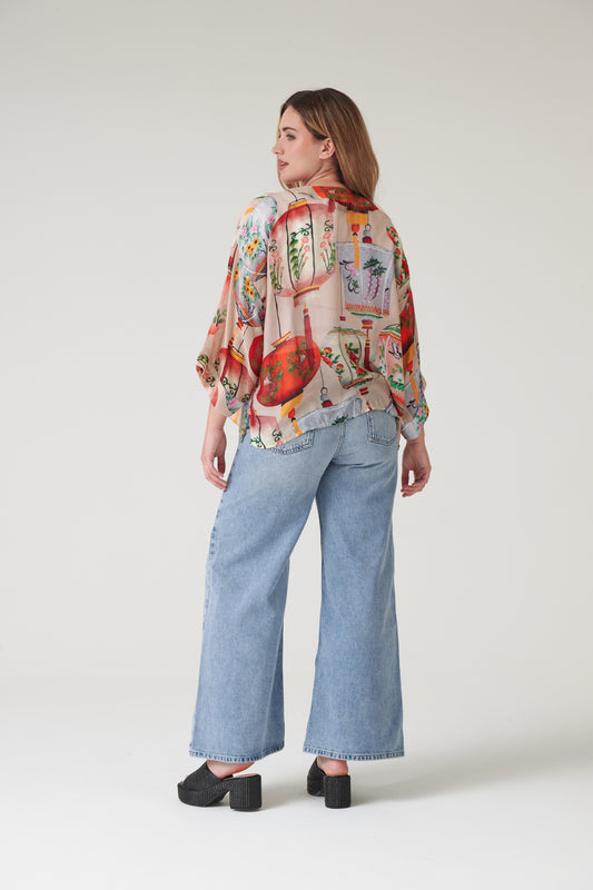 One Hundred Stars Lanterns Red Kimono lightweight printed kimono jacket