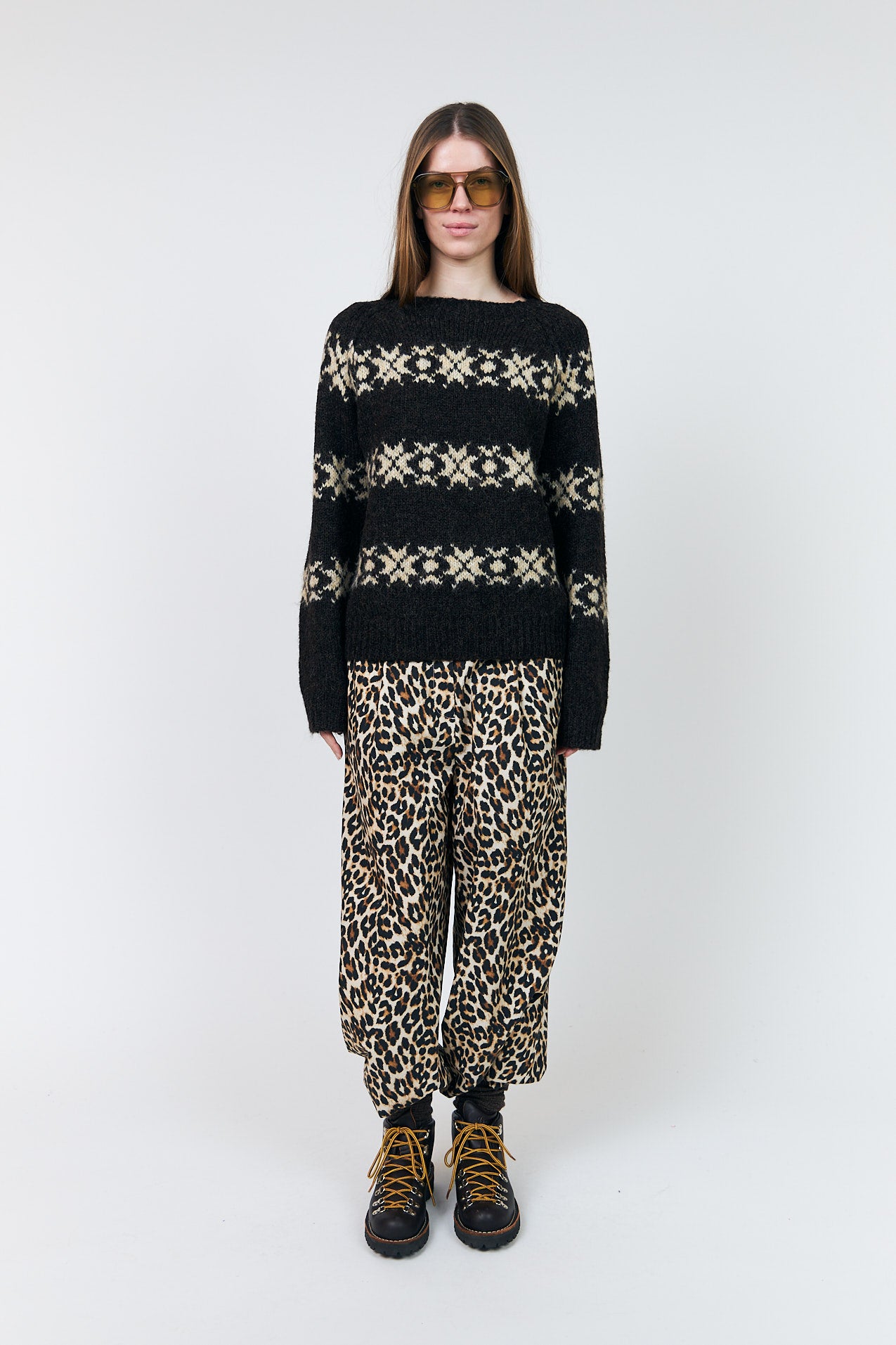 Lollys Laundry Lattie Knit in Dark Mokka with cream Fair Isle-inspired pattern.