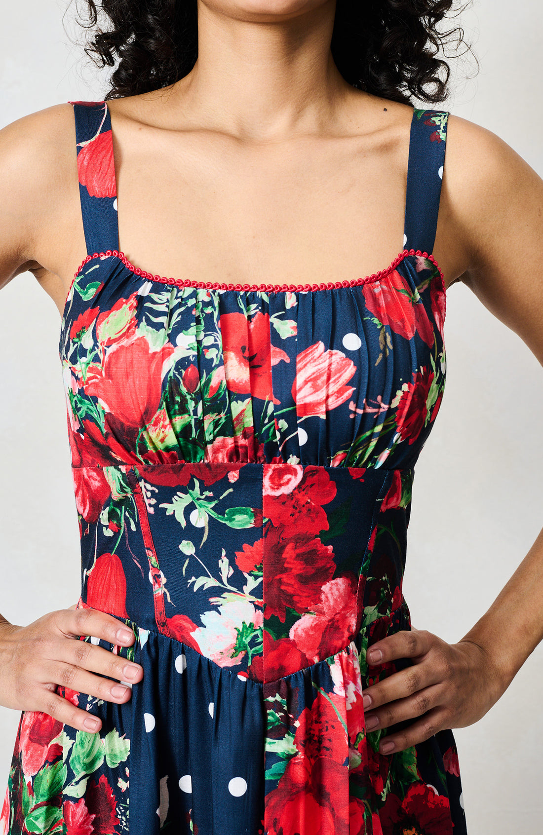 Leona navy red polkadot midi dress with square neckline