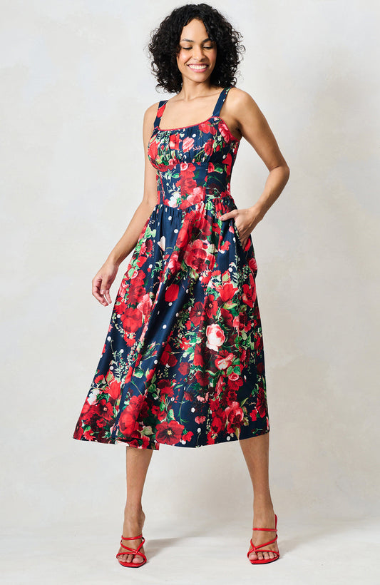 Leona navy red polkadot midi dress with square neckline