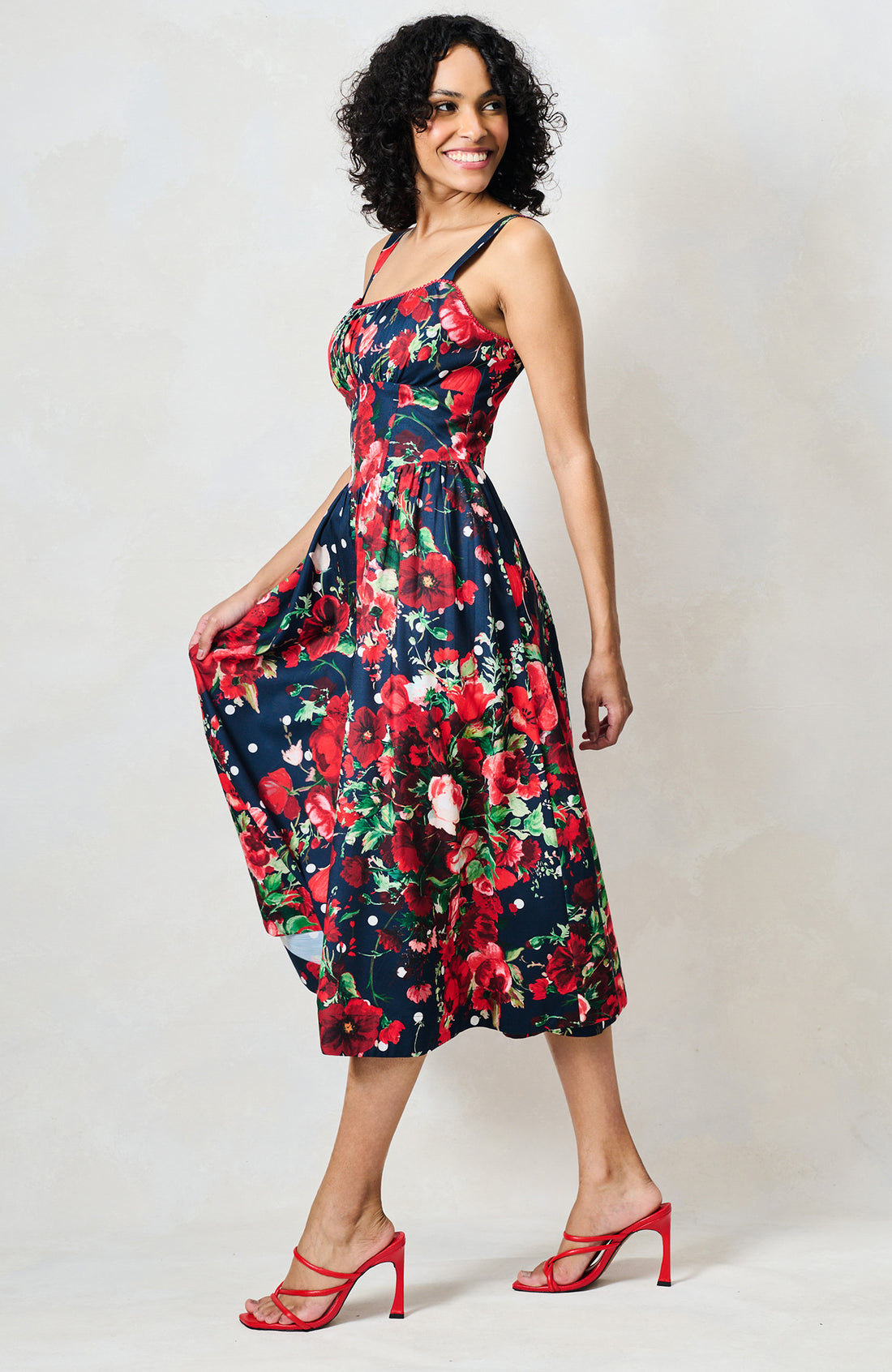 Leona navy red polkadot midi dress with square neckline