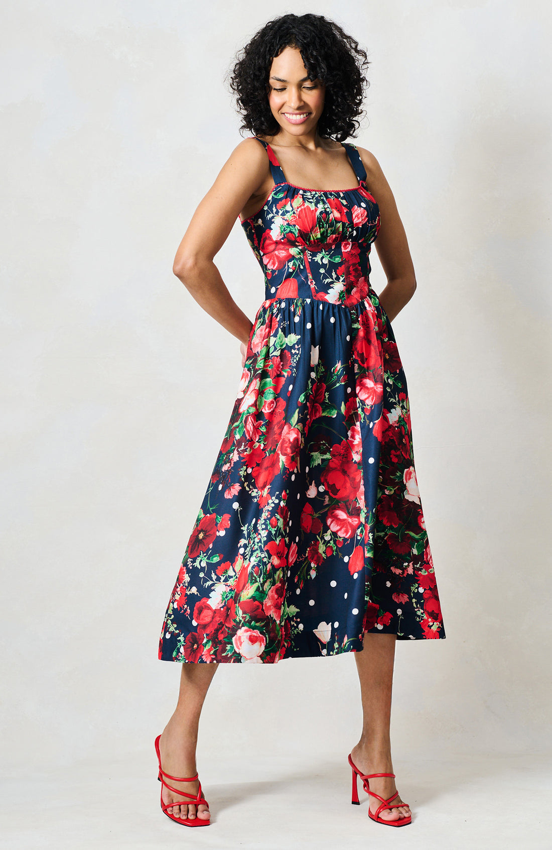 Leona navy red polkadot midi dress with square neckline