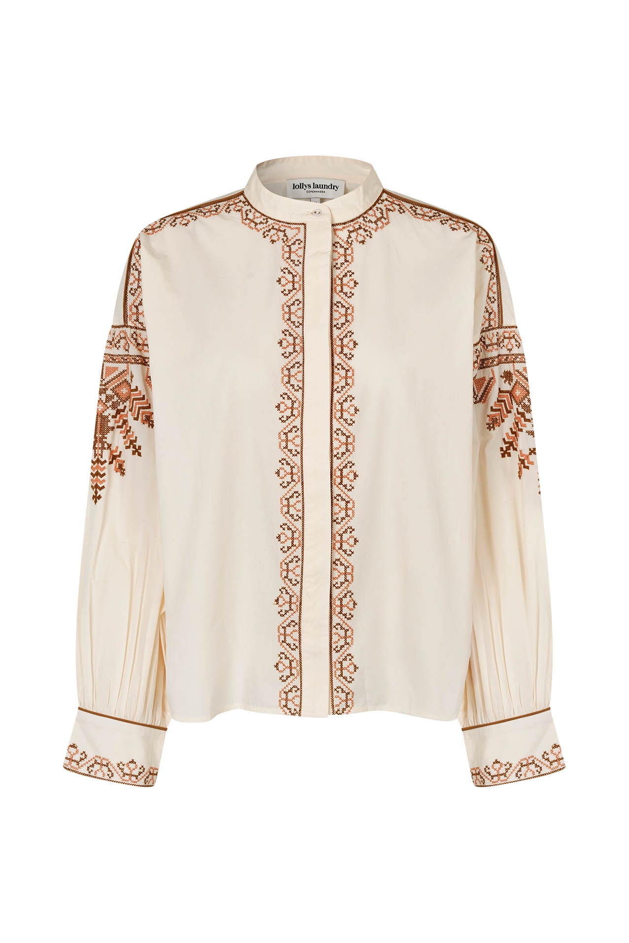Lollys Laundry Lucia Shirt in Creme with intricate cinnamon-toned embroidery and concealed button fastening