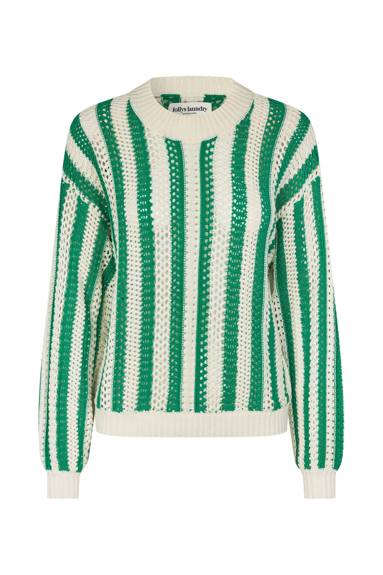 Lollys Laundry Lusa Knit Jumper in Green Stripe with relaxed fit and bold stripe pattern