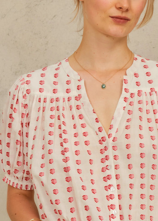 M.A.B.E Karla Gathered Top  with hearts on in Ecru/Red