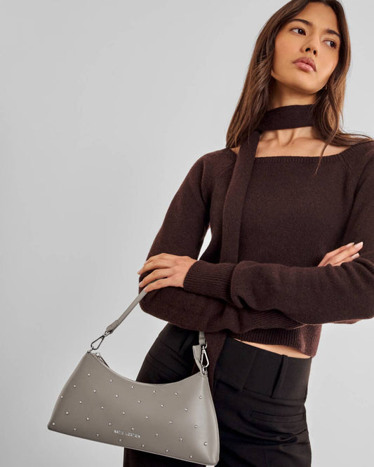 Katie Loxton Miley Small Shoulder Bag in Silver Mink Studded with a sleek silhouette and subtle stud detailing.