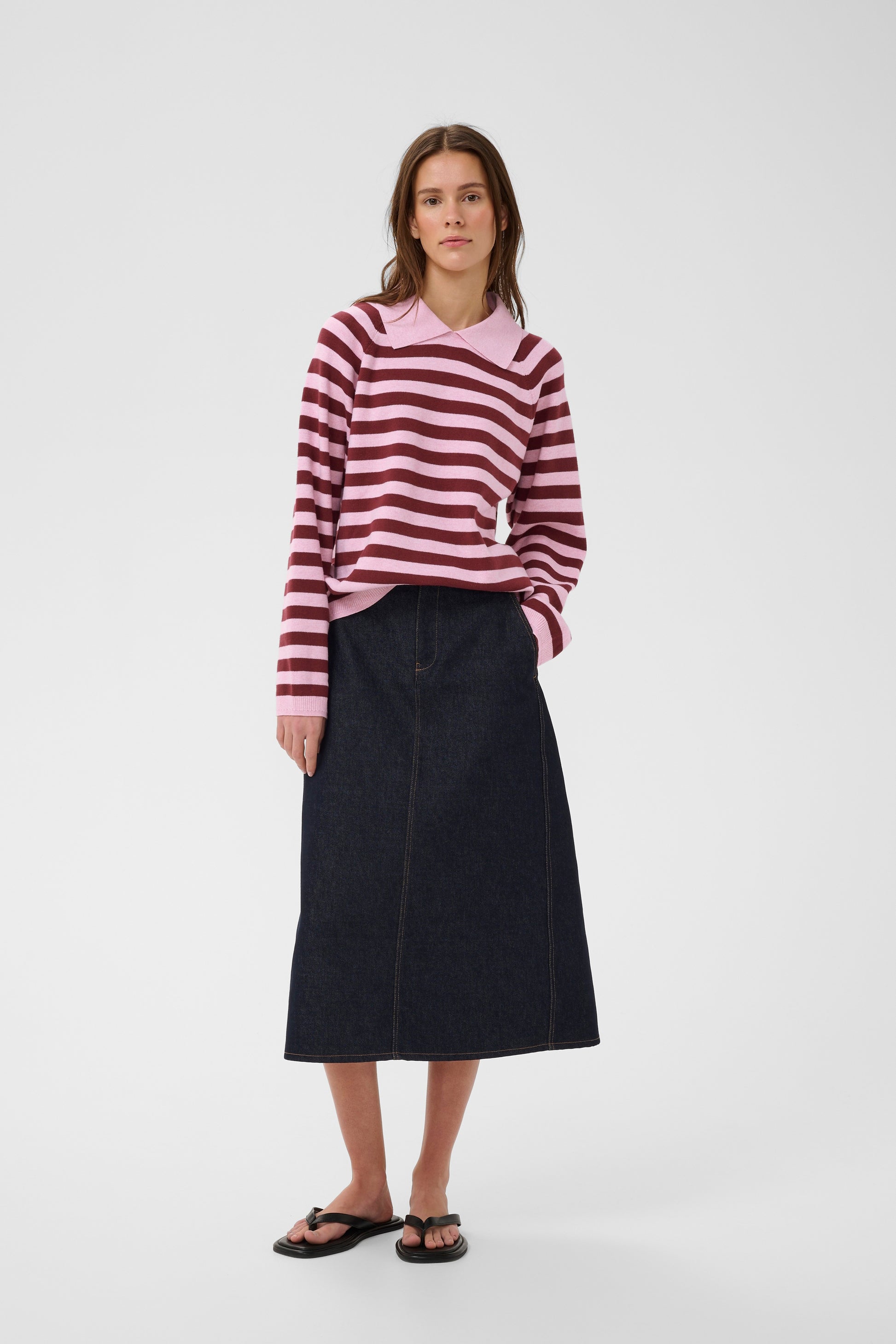 Inwear Madie Polo Knit with light and bright pink stripes