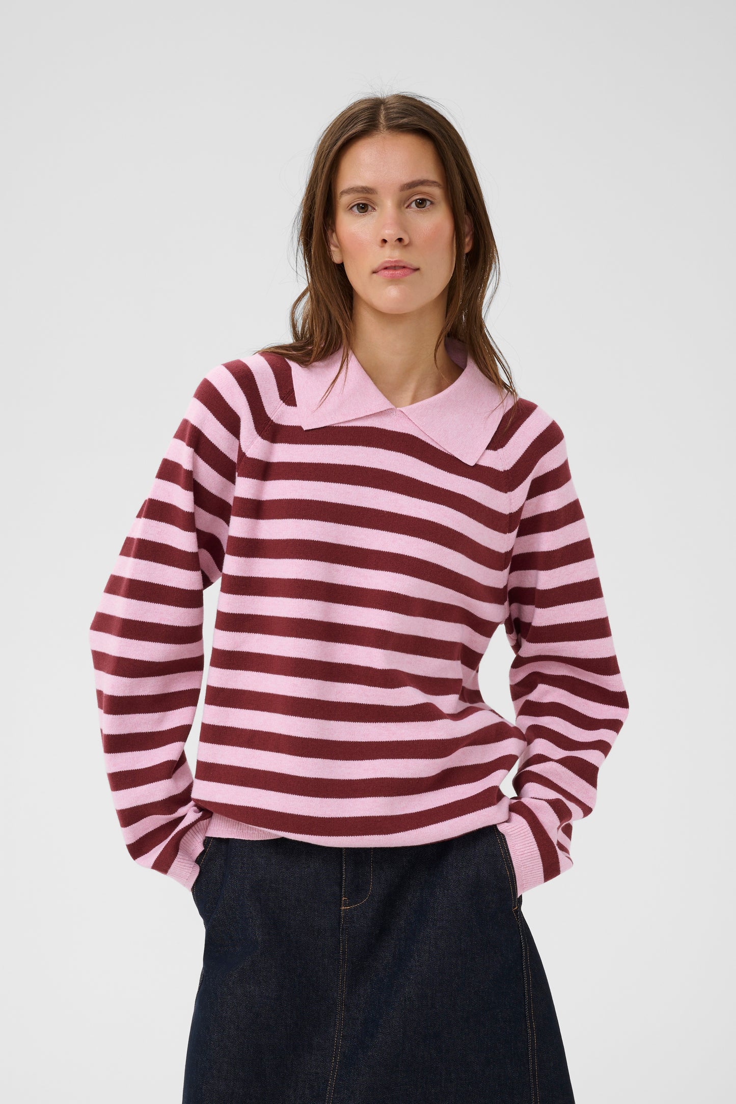 Inwear Madie Polo Knit with light and bright pink stripes