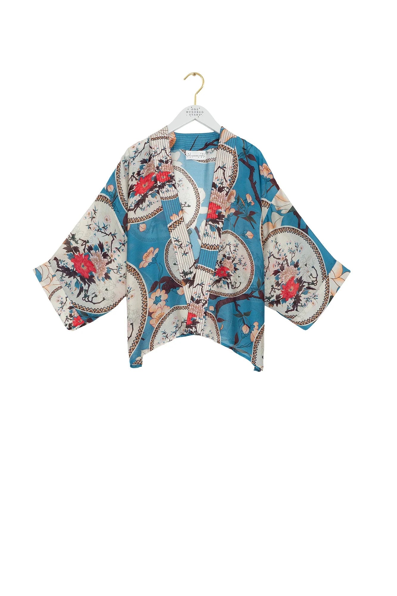One Hundred Stars Magnolia Plates Blue Kimono featuring an elegant floral print in shades of blue.