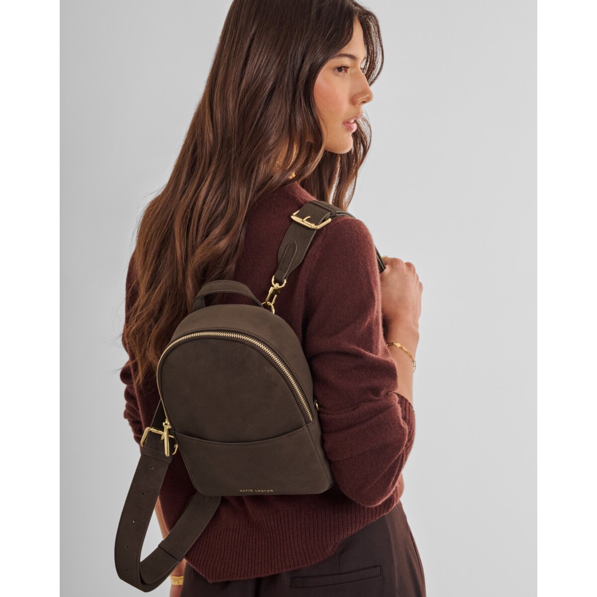Katie Loxton Mika Small Backpack in Black and Bitter Chocolate Suedette