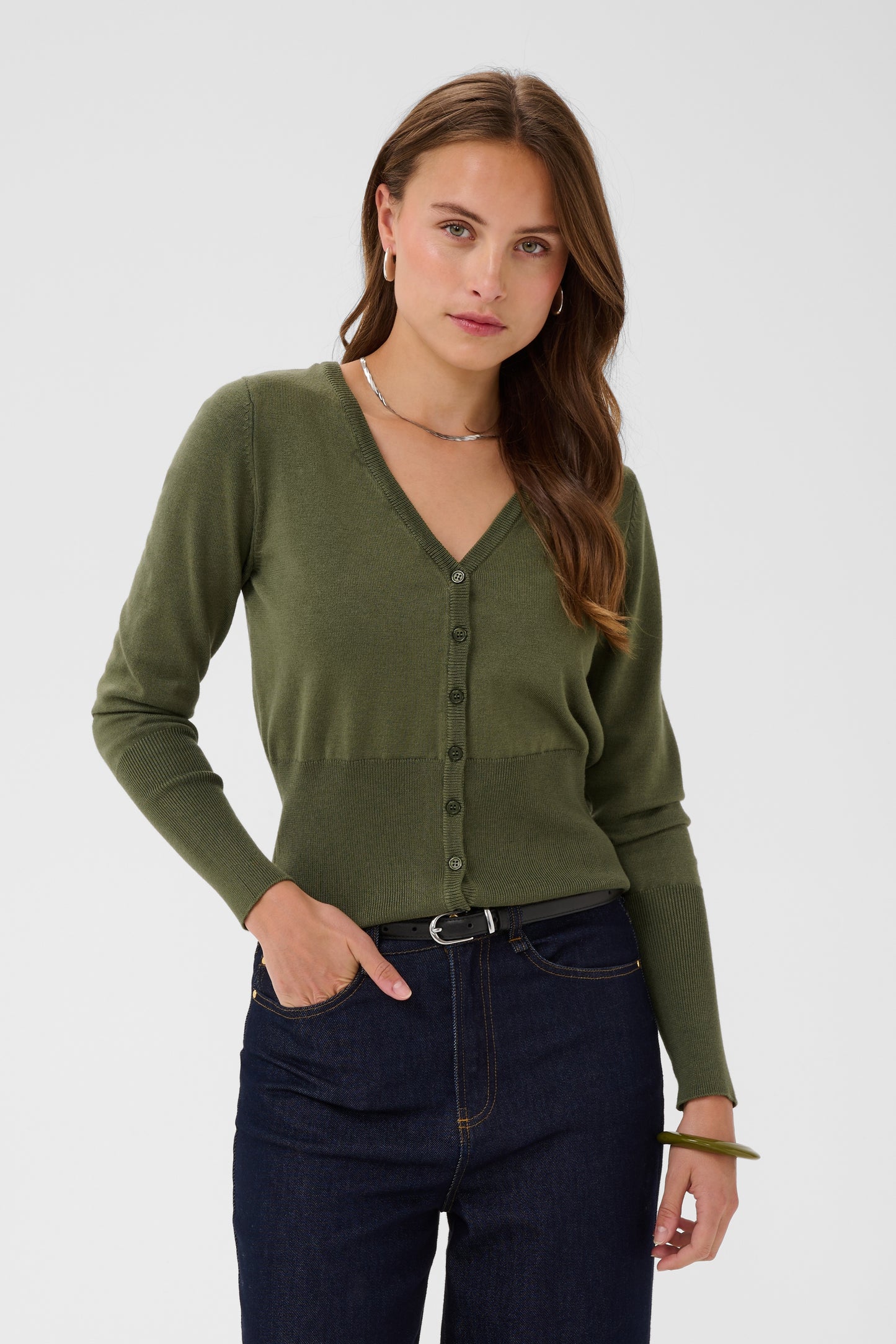 Saint Tropez Mila Slim Cardigan in Four Leaf Clover green with V-neck and button-through front