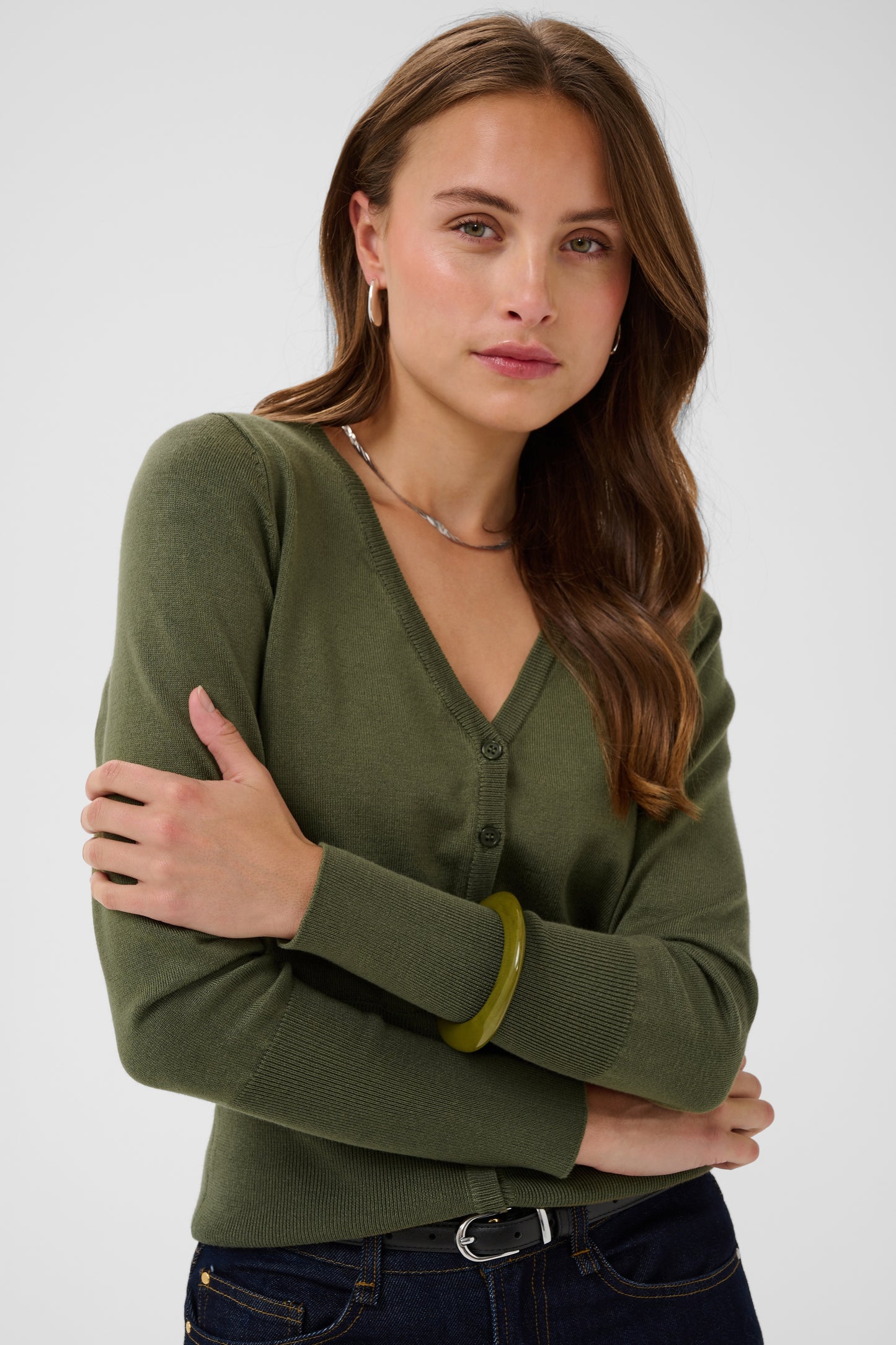 Saint Tropez Mila Slim Cardigan in Four Leaf Clover green with V-neck and button-through front