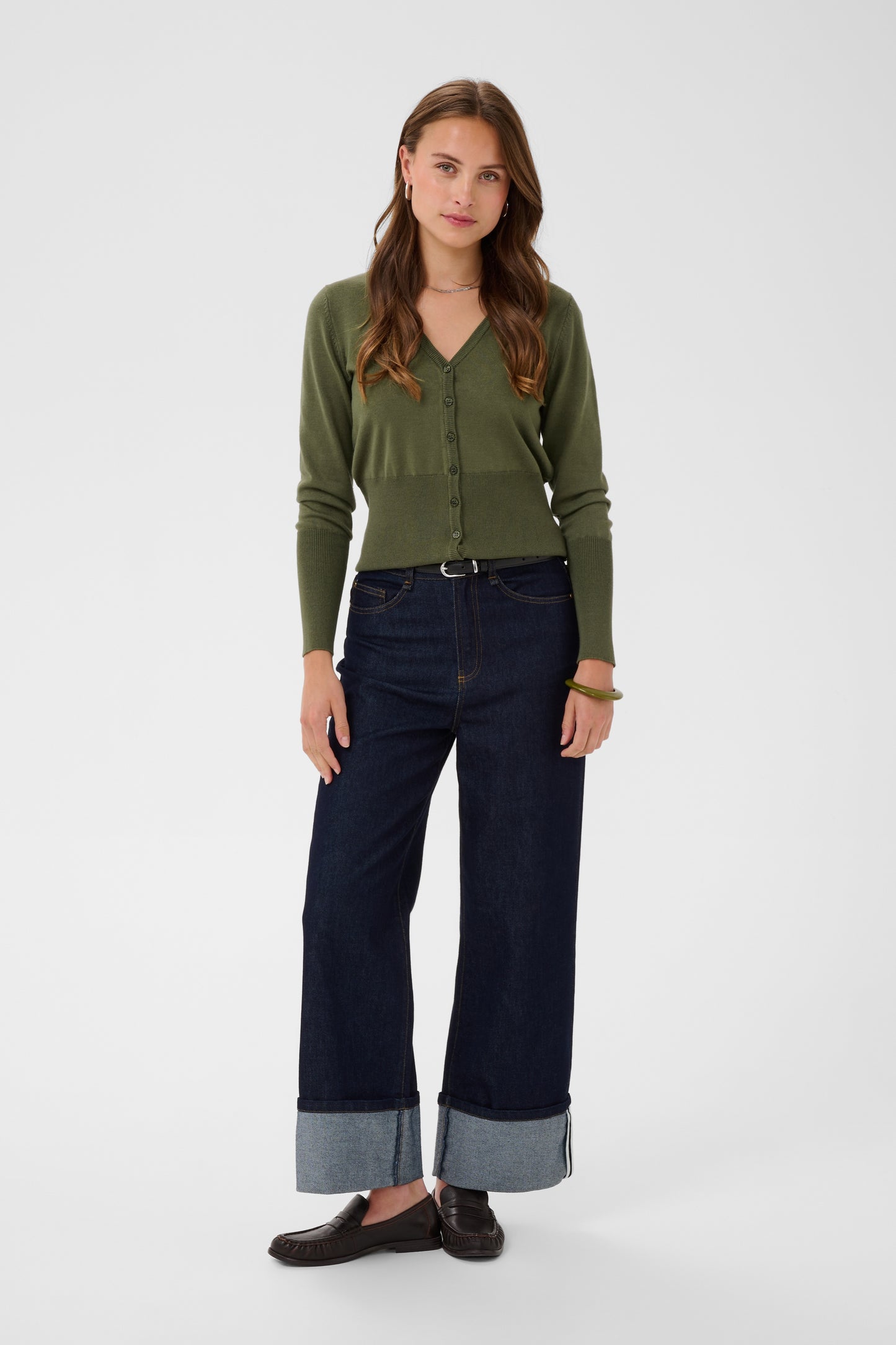 Saint Tropez Mila Slim Cardigan in Four Leaf Clover green with V-neck and button-through front