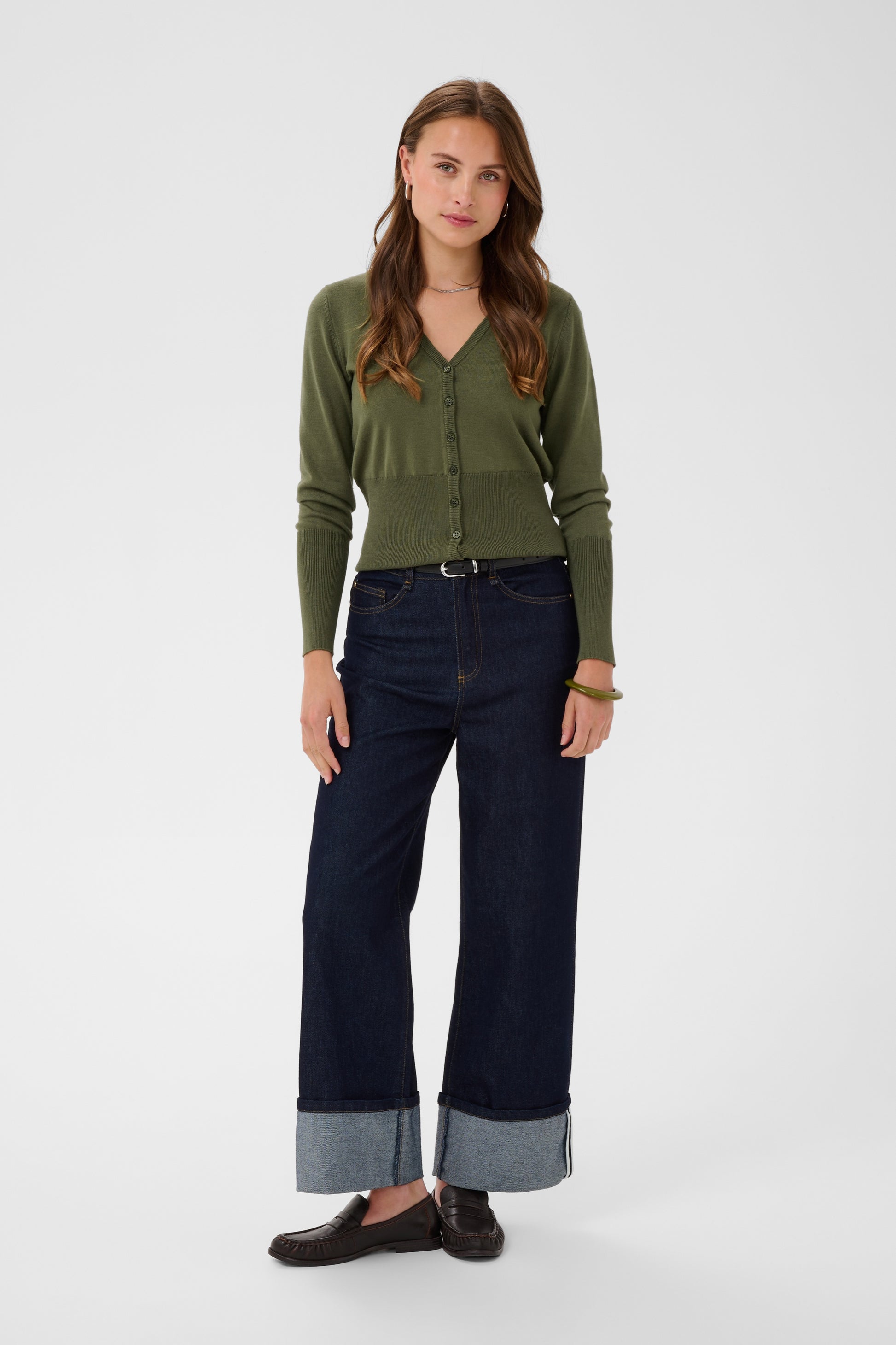 Saint Tropez Mila Slim Cardigan in Four Leaf Clover green with V-neck and button-through front