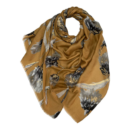 Brown scarf with floral pattern on a white background
