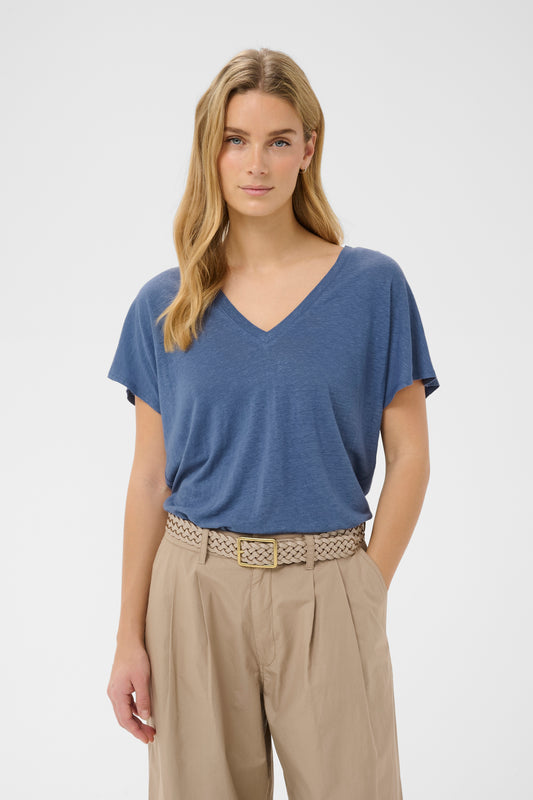 Part Two Blue Indigo Linen blend V - Neck T-shirt