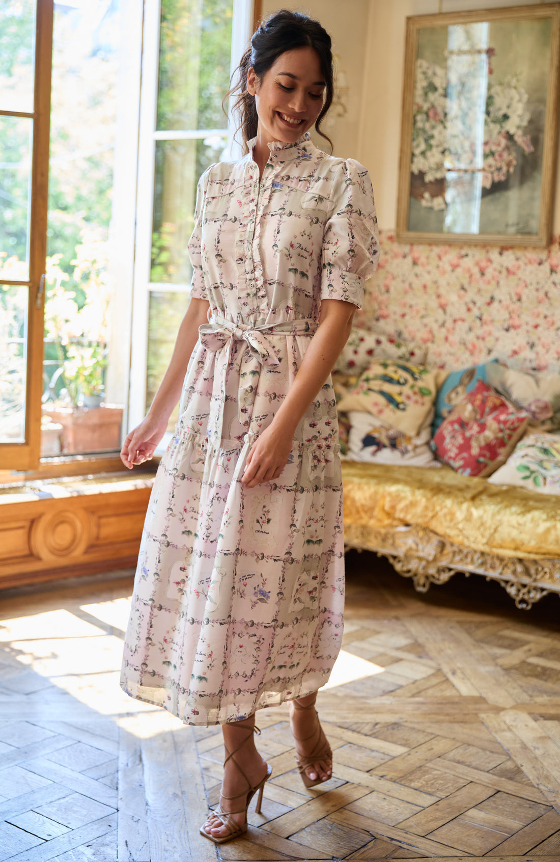 Hope & Ivy Pamela Button Front Midi Dress ivory multi print