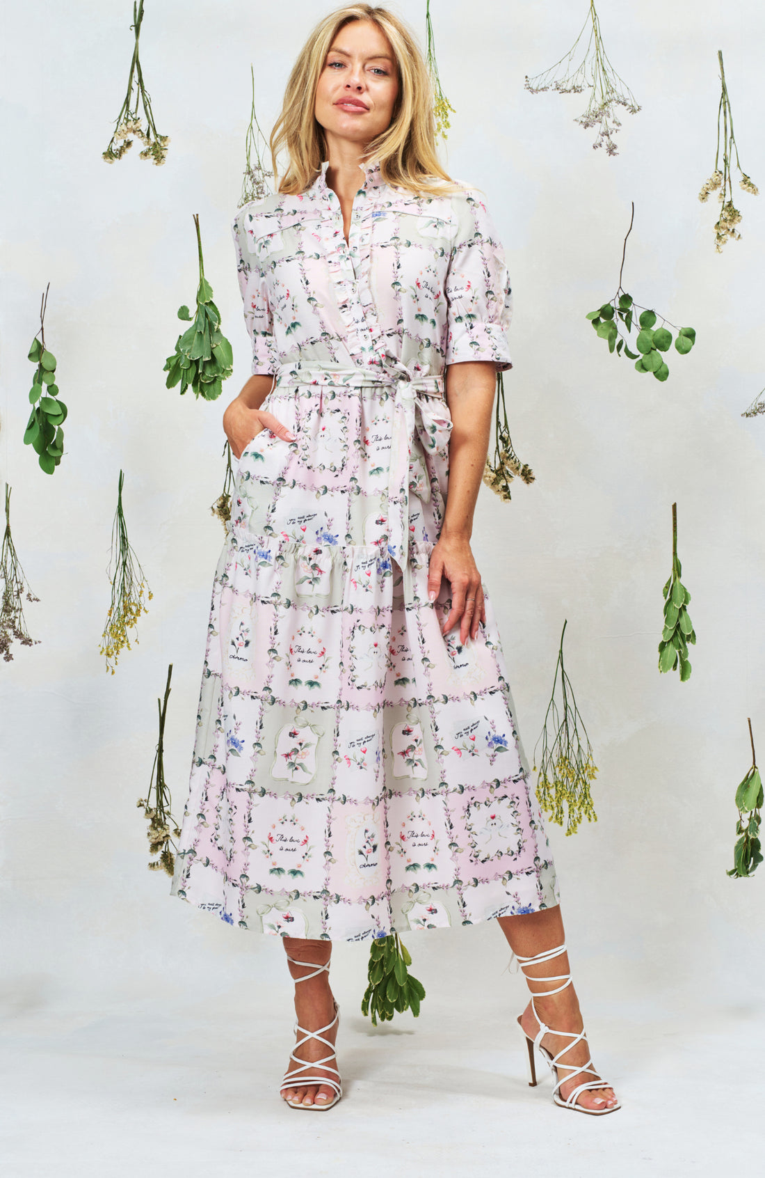 Hope & Ivy Pamela Button Front Midi Dress ivory multi print