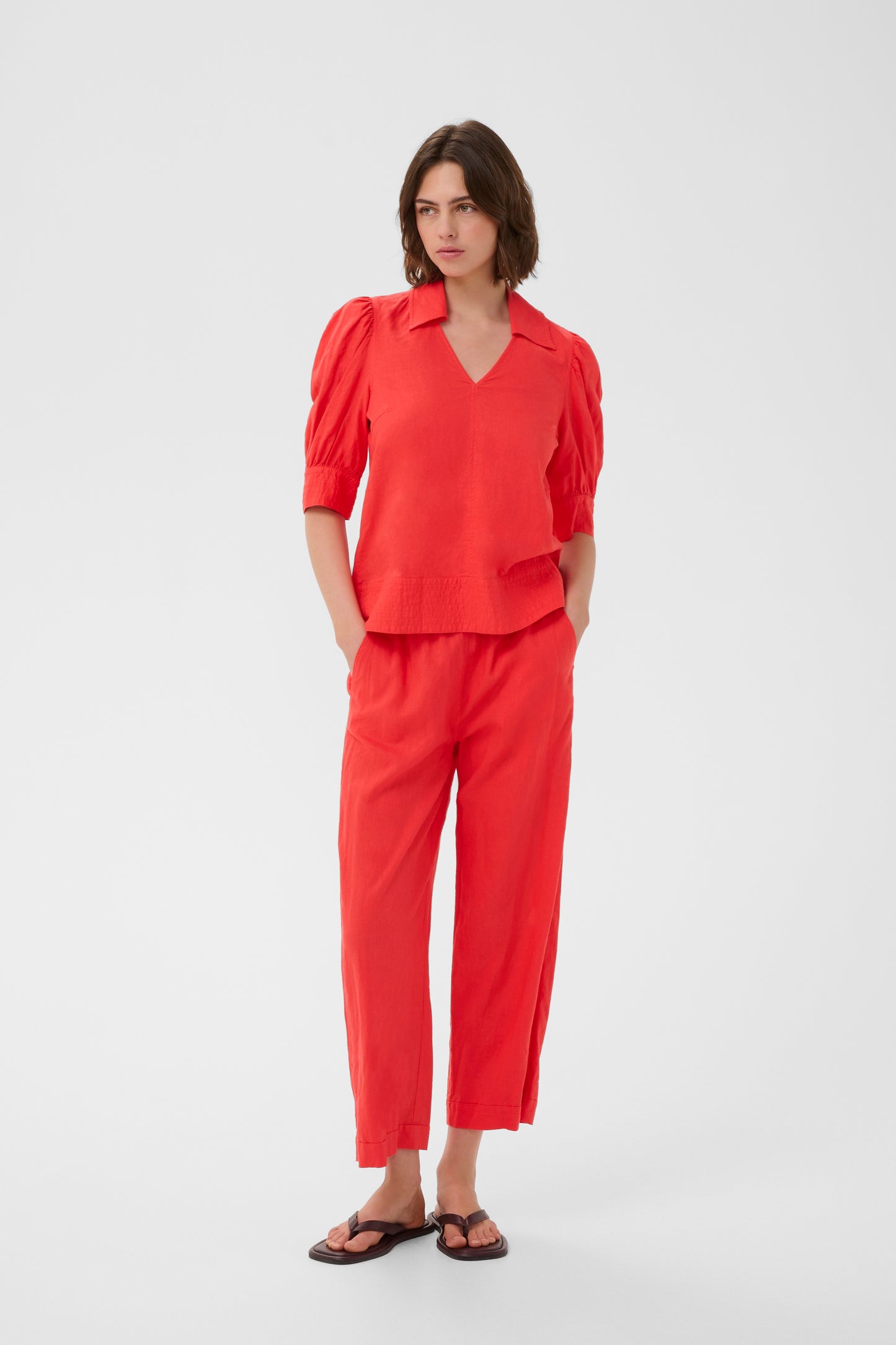 Inwear Poppy Red blouse with puff sleeves on a white background