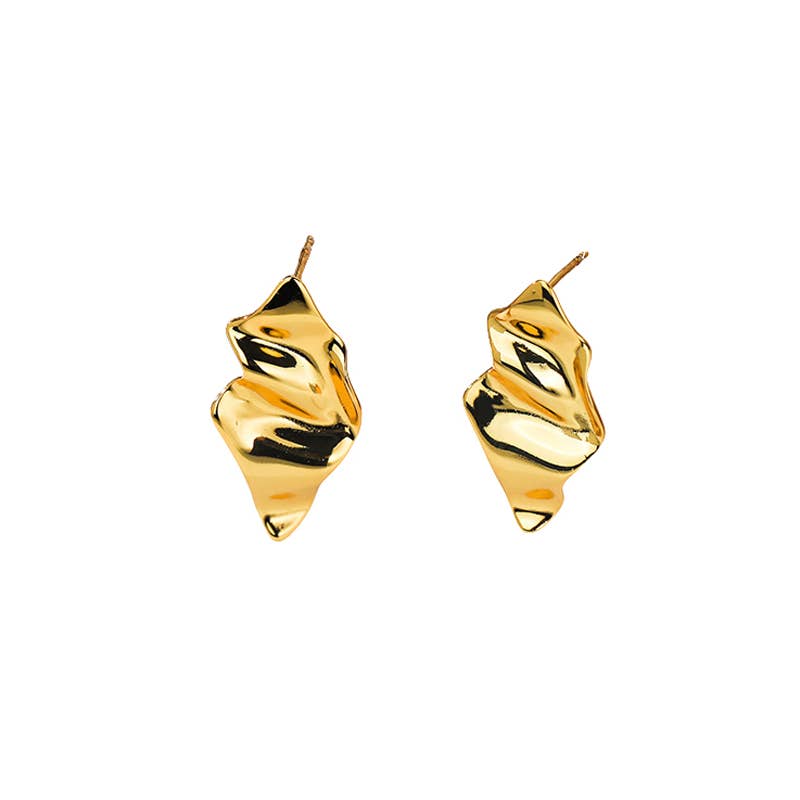 Molten sculptural gold drop stud earring in 18kt gold-plated brass with post-back fastening.