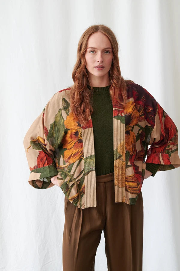One Hundred Stars Nasturtium Fawn botanical print kimono