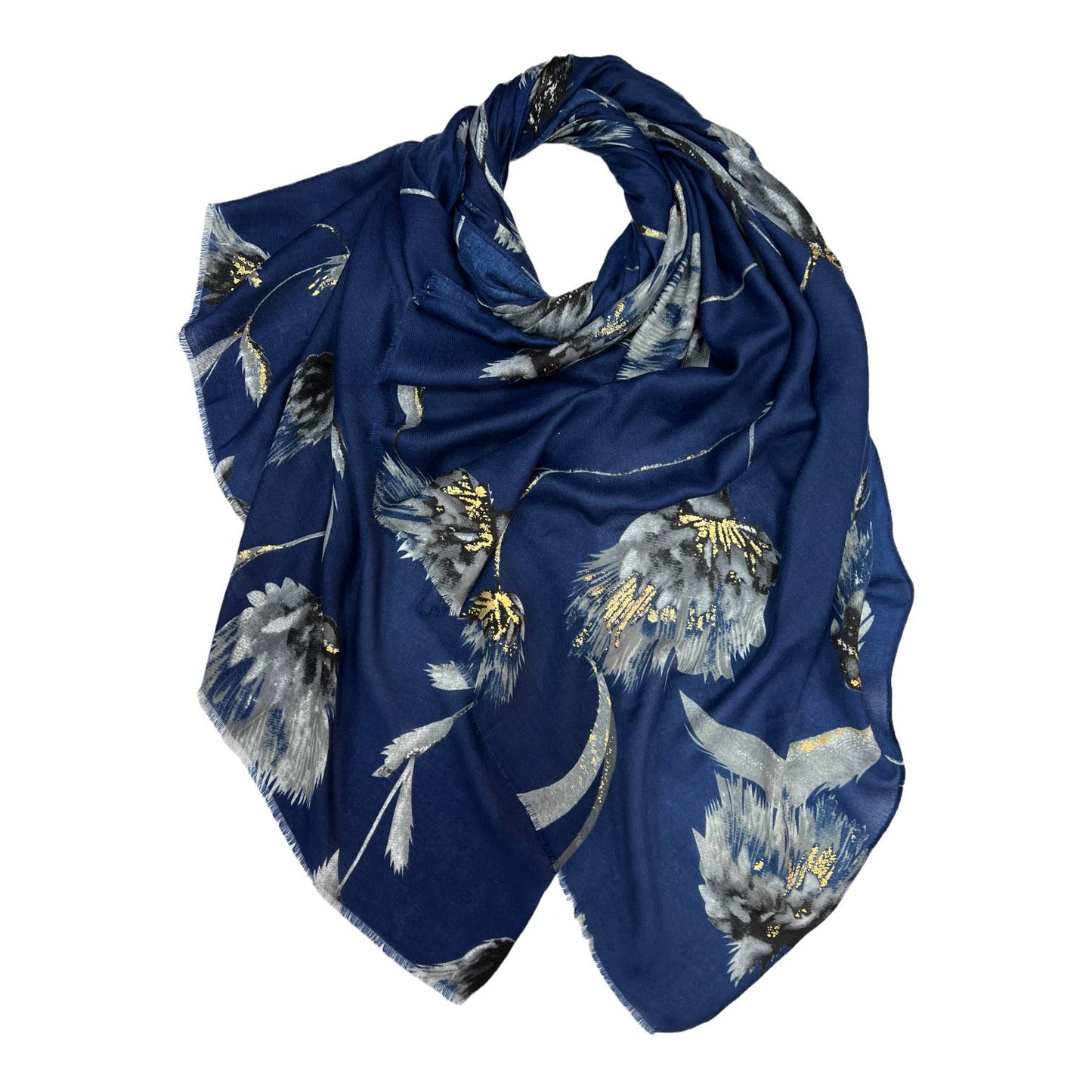 Blue scarf with floral patterns on a white background