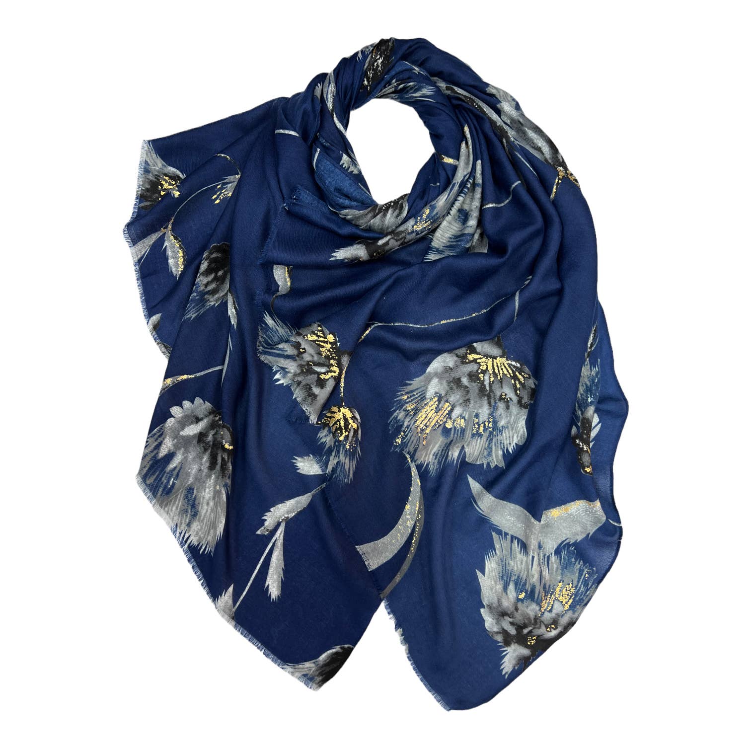 Blue scarf with floral patterns on a white background